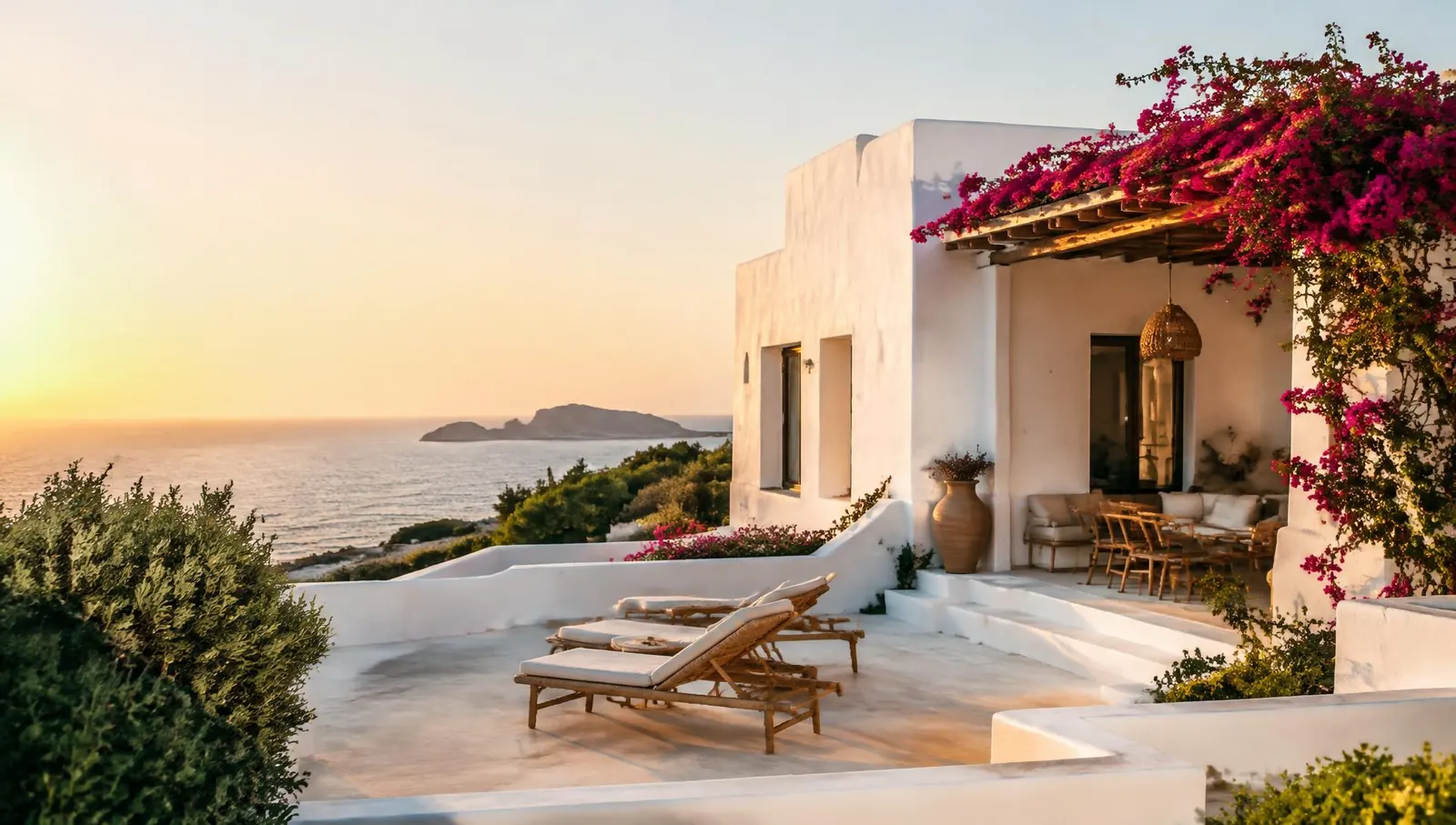 Weiße ibizenkische Villa mit Terrasse und Meerblick bei Sonnenuntergang